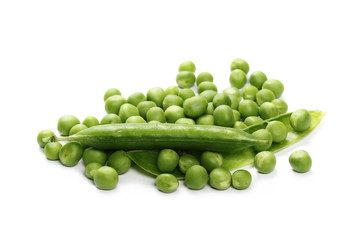 Fresh green peas with pods isolated on white background