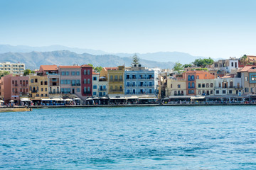 Fototapeta na wymiar Venetian houses on the port promenade in Chania, Crete
