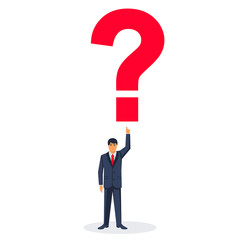 Person points to a big question mark. What's next concept. Vector illustration flat design. Isolated on white background.