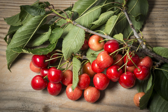 Fresh cherries on a wooden table background