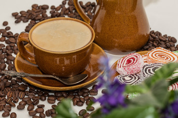 Oriental sweets, Turkish delight, candy, Turkish cuisine. Cup of coffee.