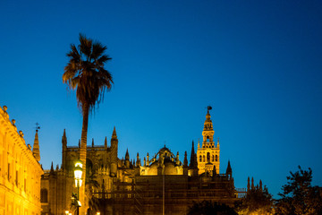 The skyline of Seville at night in Spain