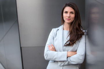 Headshot of successful business lawyer working executive professional with strong serious confident...