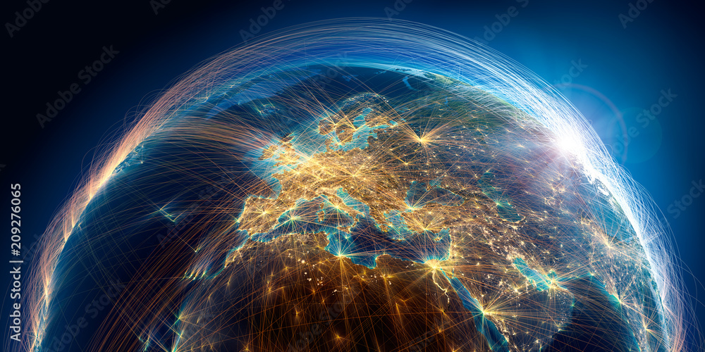 Wall mural planet earth with detailed relief is covered with a complex luminous network of air routes based on 