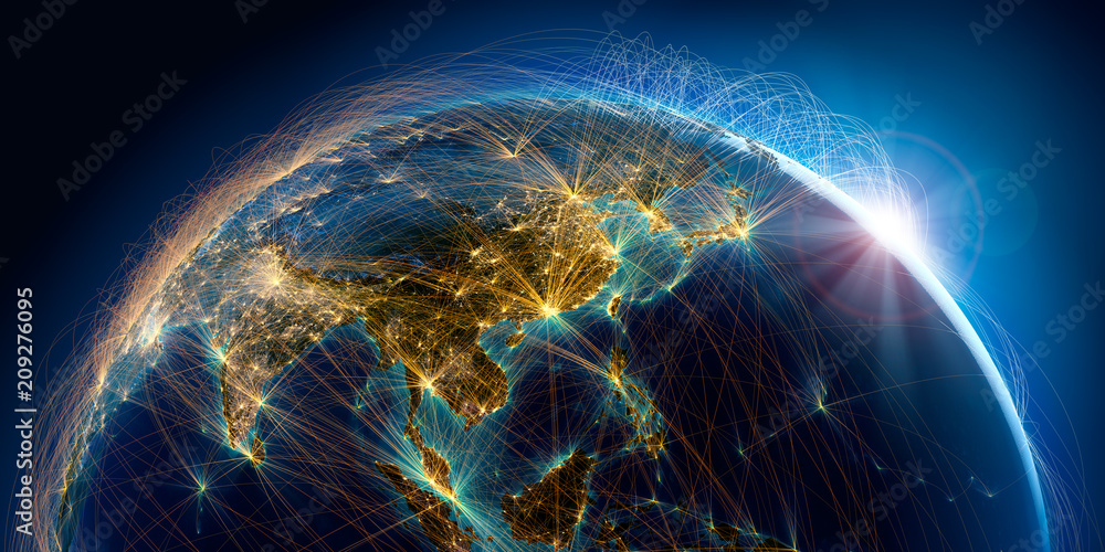 Wall mural planet earth with detailed relief is covered with a complex luminous network of air routes based on 