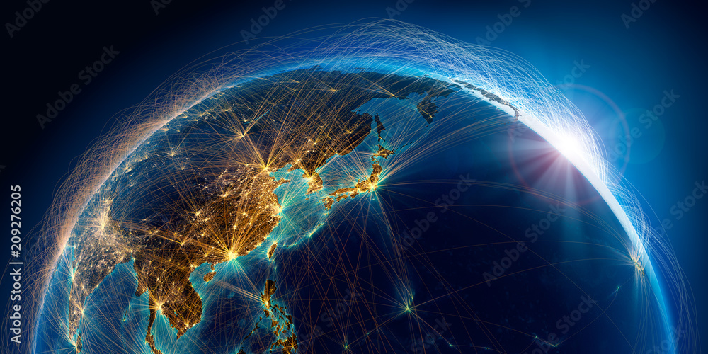 Wall mural planet earth with detailed relief is covered with a complex luminous network of air routes based on 