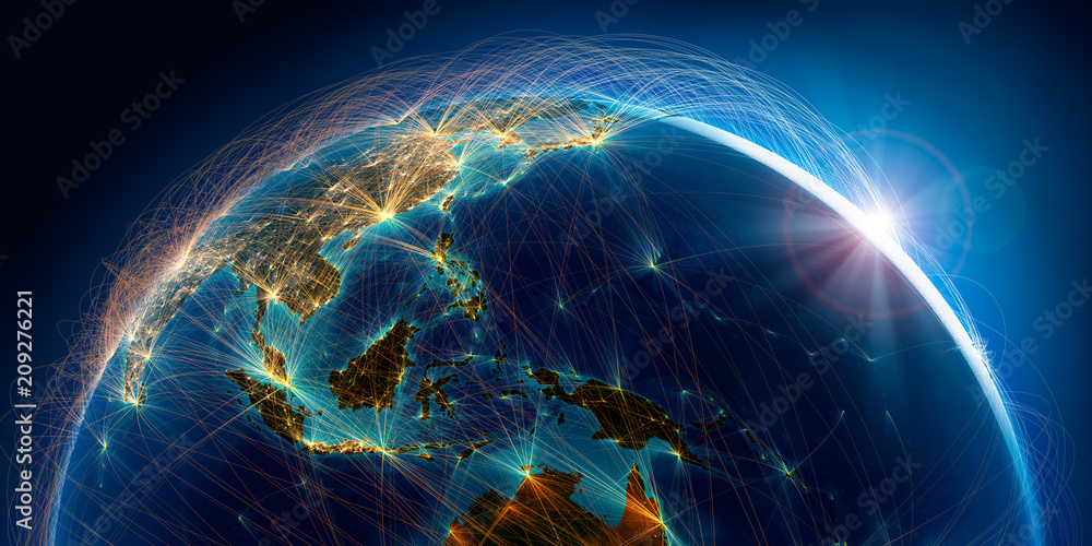 Wall mural planet earth with detailed relief is covered with a complex luminous network of air routes based on 