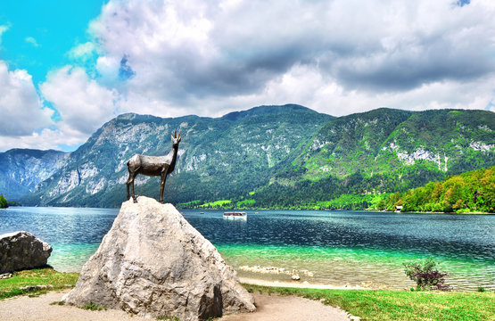 Bronze statue of Goldhorn Zlatorog deer.Landmark of Lake Bohinj  in Triglav national park,Slovenia