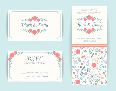wedding invitation card suite, floral invite, rsvp modern card, save the date. Flower vetor decor.