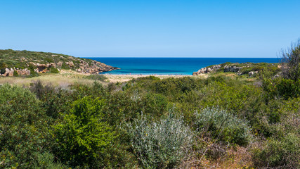 Cala Mosche, Vendicari natural reserve, Sicily, Italy - The perfect beach cove, with turquoise water and typical green bushes of the Mediterranean scrub.