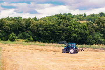 Obraz premium Tractor harvesting in the farm. Agriculture and food industry with empty copy space for Editor's text.