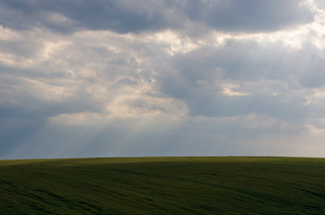 Landscape view of green fields and clouds in the summer season