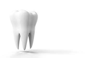 Photo-realistic illustration of a white tooth - isolated icon. Tooth isolated on white background. 3D render. Dental, medicine, health concept banner with place for text