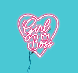 Girl boss pink neon sign isolated on blue background. Realistic neon lettering sign for female boss. Vector illustration.