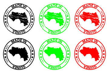 Made in Guinea - rubber stamp - vector, Guinea map pattern - black, green and red