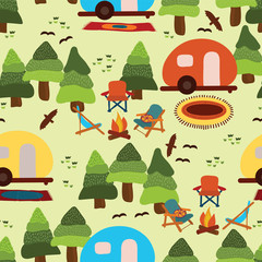 Camping scene - caravan, camping chairs, fire place, rugs, trees, birds. Seamless vector pattern. Part of my 