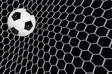 Vector Realistic soccer ball or football ball in net on black background. 3d Style vector Ball