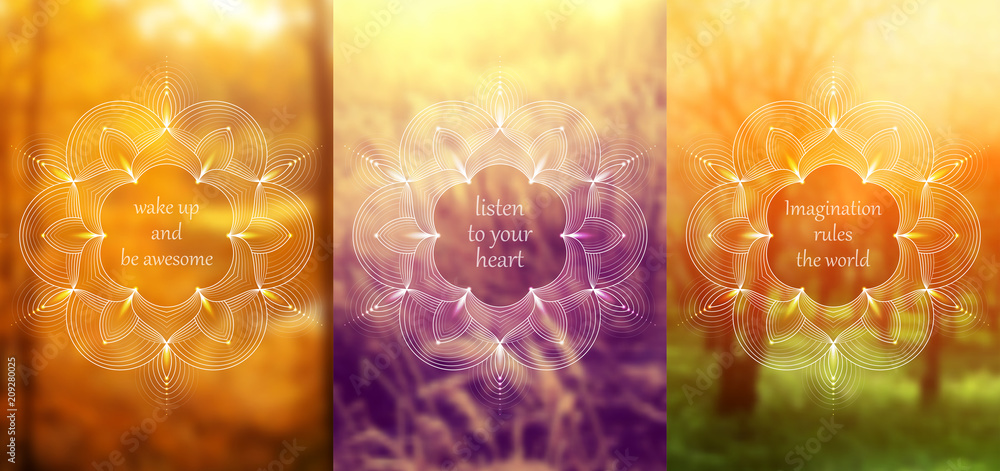 Wall mural Set of three template for card or poster, vertical format; Spiritual sacred geometry on blurred background with place for your text; 