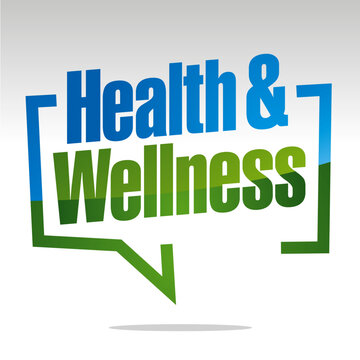 Health and wellness in brackets blue white green isolated sticker icon