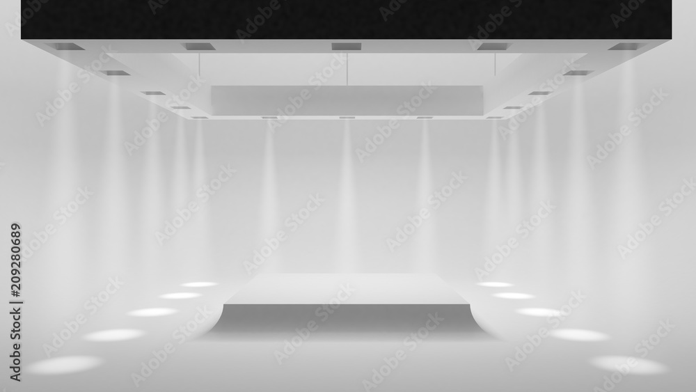 Poster empty white studio with spotlights on the edges and soft smooth light in the center. 3d rendering.