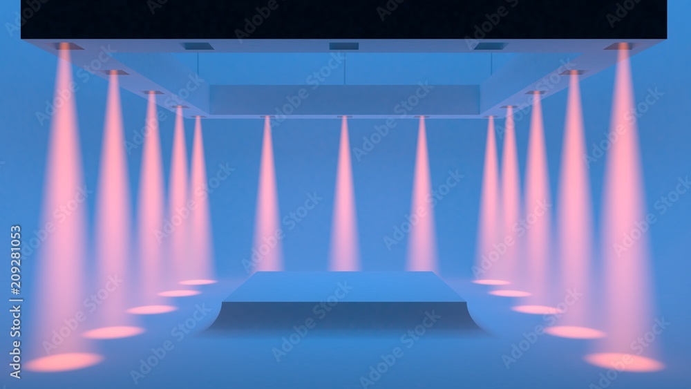 Poster empty blue studio with spotlights on the edges and soft smooth light in the center. 3d rendering.