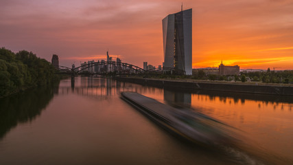 Frankfurt Orange Night City Panorama with Blurred Ship