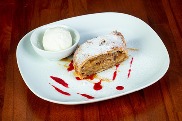 Apple strudel with ice-cream