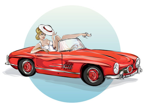 Pin up sexy woman in retro red car, pop art girl with cabriolet, pin-up summer vacation vector illustration art