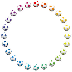 Soccer ball ring. Round frame out of many colorful soccer balls. Isolated vector illustration on white background.