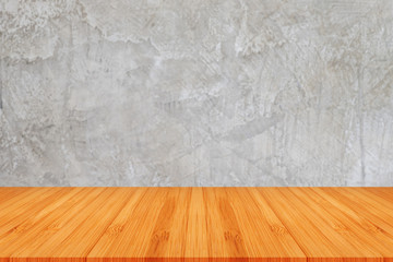 Perspective empty wooden counter old grey concrete wall texture background. For product display montage or design layout. Bamboo shelf.