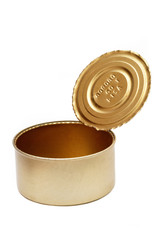 empty yellow tin can with open lid on white background