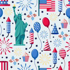 Obraz premium USA holiday seamless white pattern. Vector print background. American national symbols, celebration Independence Day