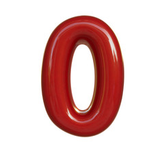 Glossy red number zero, 0. 3D render of bubble font isolated on white background