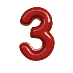 Glossy red number three, 3. 3D render of bubble font isolated on white background