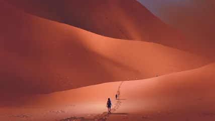 Foto auf Acrylglas Wanderer klettern auf die Sanddüne in der roten Wüste, digitaler Kunststil, Illustrationsmalerei © grandfailure
