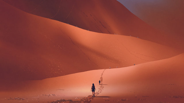 hikers climb up to the sand dune in the red desert, digital art style, illustration painting