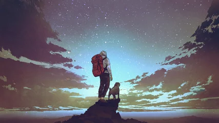 Poster jonge wandelaar met rugzak en een hond die op de rots staat en naar de sterren aan de nachtelijke hemel kijkt, digitale kunststijl, illustratie, schilderkunst © grandfailure