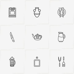 Kitchen line icon set with knife, tea pot  and kitchen spatula