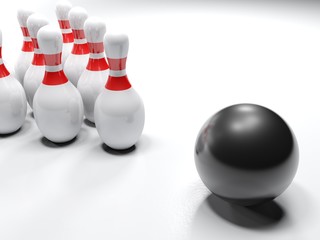 Bowling bow and pins on white surface - 3D rendering