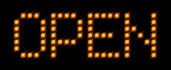 Fototapeta premium Red vector caption OPEN neon lights, bulbs on a black background.