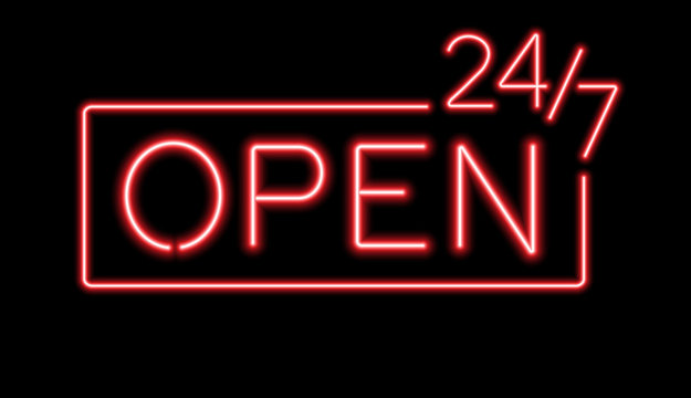 Red sign Open 24/7 hours neon lights for night club or bar.