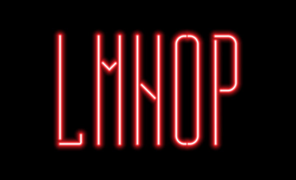 Bright red neon letters on a black background. Letters L, M, N, O, P for night club or night show design.
