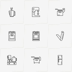 Kitchen Application line icon set with refrigerator, fryer and blender