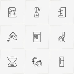 Kitchen Application line icon set with kitchen scales , juicer and blender