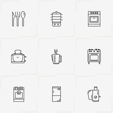 Kitchen Application line icon set with gas stove , stove  and blender