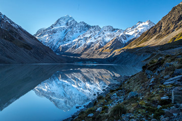 Mt Cook snowy mountain reflections in Hooker Valley glacial lake