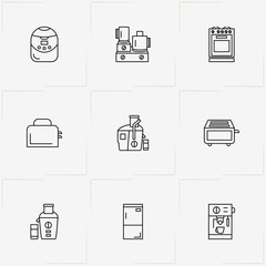 Kitchen Application line icon set with juicer, gas stove  and toaster