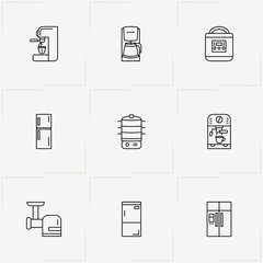 Kitchen Application line icon set with meat grinder, refrigerator and coffee machine