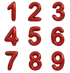 Glossy red number. 3D render of bubble font isolated on white background