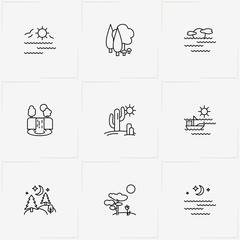 Landscape line icon set with landscape, dawn and moonlight